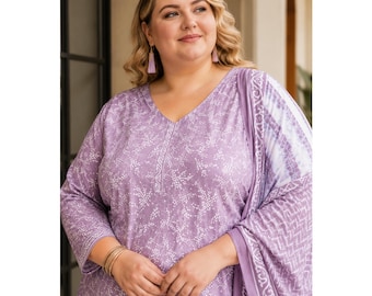 Traditionell klänning med tryck i bomull för kvinnor, färdigsydd Shalwar Kameez med Dupatta-set, indisk-pakistansk klänning med vanlig klädsel