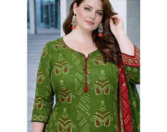 Women's Wear Shalwar Kameez for Regular Wear, Indian Style Ready to Wear Dresses Cotton Bandhani Printed Tom & Bottom With Dupatta