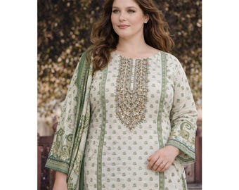 Embroidered Pakistani Suits for Women, Printed Cotton Kurta with Matching Shalwar Pant and Dupatta, Summer & Regular Wear Outfits