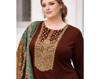 Conjunto de verano tradicional: Salwar Kameez marrón con dupatta de diseñador, ropa étnica clásica para mujer, kurta bordada pakistaní.