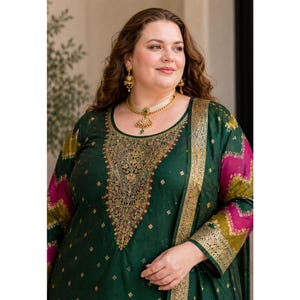 Dark Green Silk Salwar Suit with Designer Dupatta, Indian Traditional Wear for Women, Festive Party Kurta Set Outfit