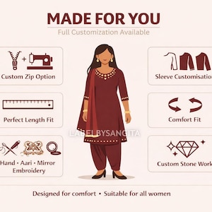 May include: Illustration of a maroon salwar kameez outfit with customization options. Features include custom zip, sleeve, and stone work. Text reads "MADE FOR YOU" and "Full Customization Available". The design is suitable for all.