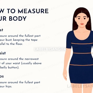 May include: An illustration showing how to measure the body for clothing. The text reads "How to Measure Your Body" with instructions for bust, waist, and hips measurements. A woman in a navy blue dress is shown with measurement lines at the bust, waist, and hips.