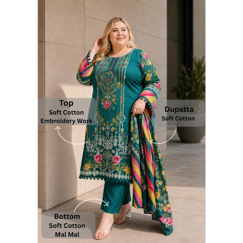 May include: A teal cotton embroidered suit with a matching dupatta. The top features intricate embroidery and floral patterns. The bottom is a solid teal color. The dupatta has a colorful floral and striped design.