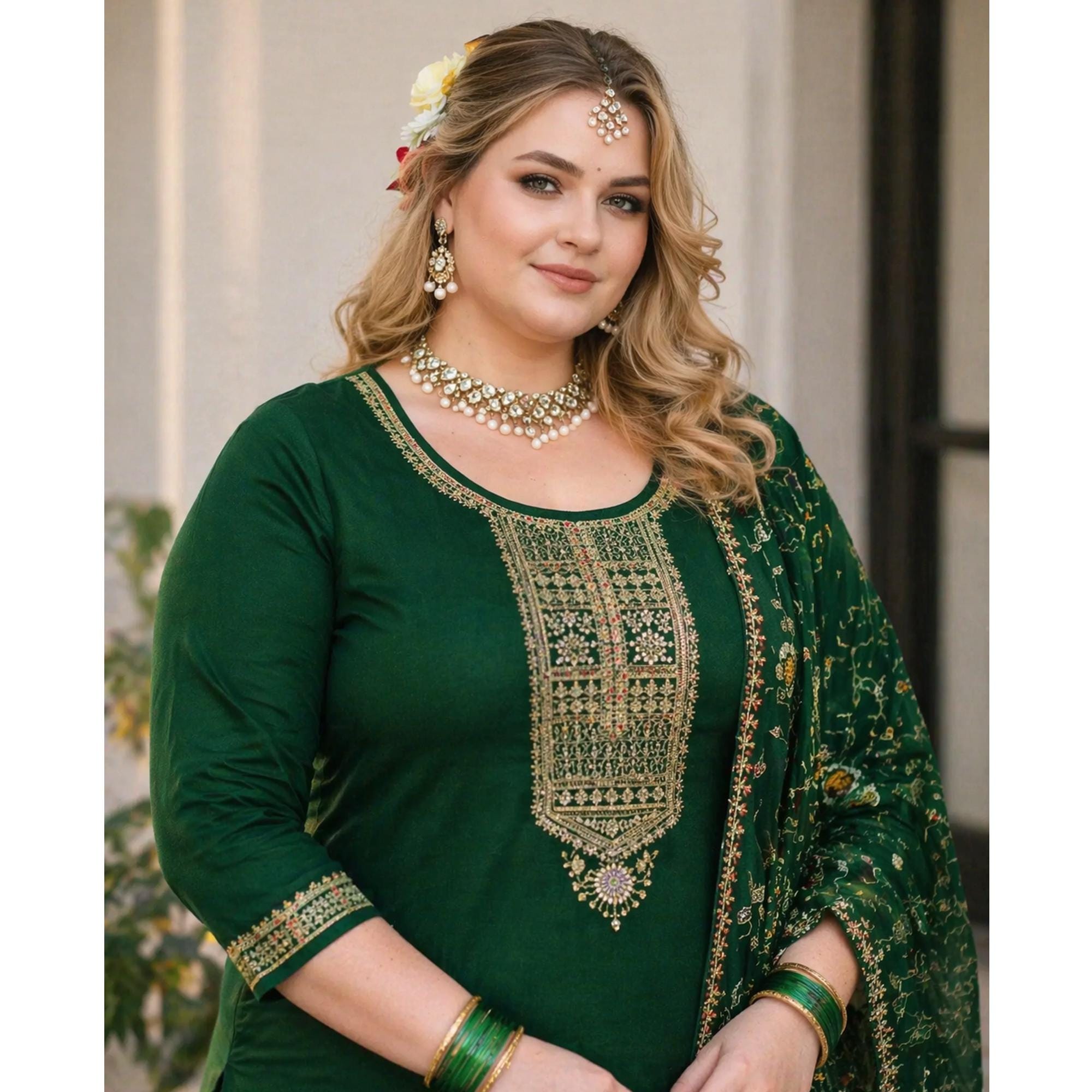 green emerald velvet dress Premium Heavy Embroidered Bottle Green Chiffon Dress main image 0