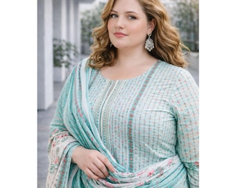Turquoise Pakistani Lawn Suits, Summer Cotton Shalwar Kameez Dupatta, Indian Floral 3 Piece Dresses for Women, Modern Desi Outfits