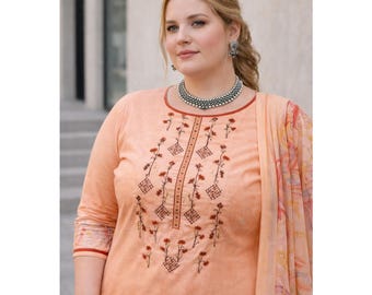 Plus Size Cotton Shalwar Kameez, Floral Embroidered Outfit, Indian Pakistani Salwar Kameez Suit, Festival & Party Wear Women Clothing