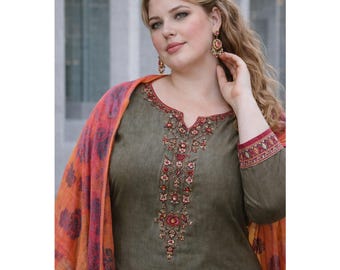 Pakistani Salwar Kameez Suit, Banarasi Silk Embroidery, Ready to Wear Plus Size Suit Pant with Dupatta, Wedding Dresses for Women