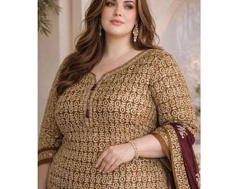 Plus-Free Size Cotton Dupatta Dress, Printed Cotton Shalwar Kameez Pant Suit for Women, Floral Indian Pakistani Ladies Outfits