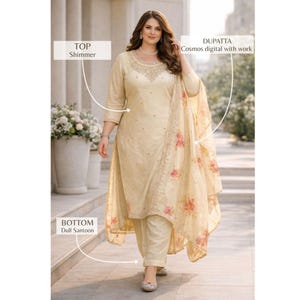May include: A cream-colored three-piece outfit consisting of a long-sleeved tunic with a shimmering neckline, matching straight-leg trousers made of dull santoon fabric, and a sheer dupatta featuring a digital cosmos print with floral accents.