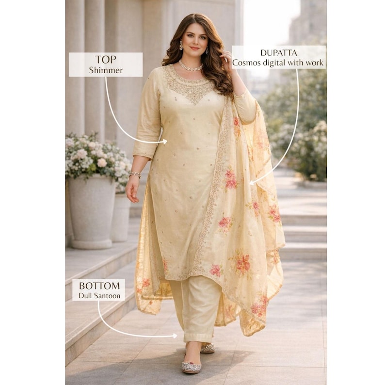 May include: A cream-colored three-piece outfit consisting of a long-sleeved tunic with a shimmering neckline, matching straight-leg trousers made of dull santoon fabric, and a sheer dupatta featuring a digital cosmos print with floral accents.