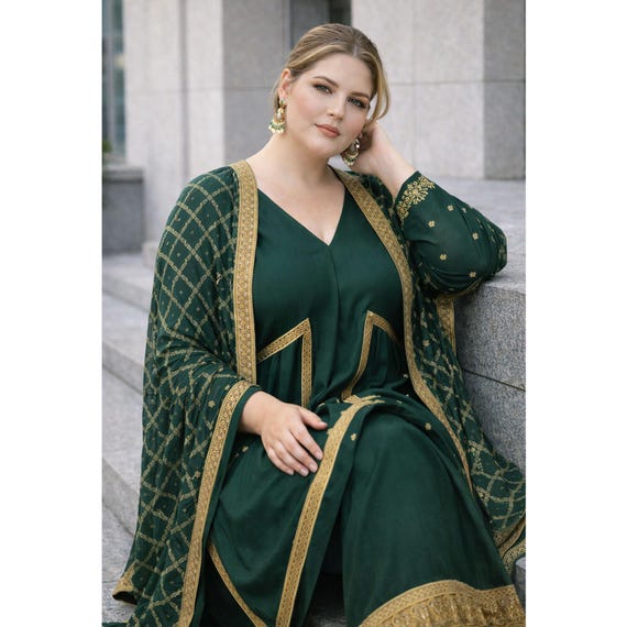 green ethnic dress for mehndi function Palazzo Suit Set with Dupatta, Gold Embroidered Indian Festive Wear, Wedding & Outfit Women's gold long dress