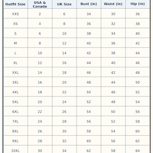 May include: A size chart for clothing, displaying outfit sizes from XXS to 10XL. The chart includes corresponding USA & Canada sizes, UK sizes, bust measurements in inches, waist measurements in inches, and hip measurements in inches.