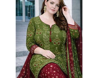 Plus Size Women’s Olive Green Printed Kurtis Set with Dupatta, Cotton Churidar Shalwar Kameez, Pakistani  Ethnic Casual Wear Dress