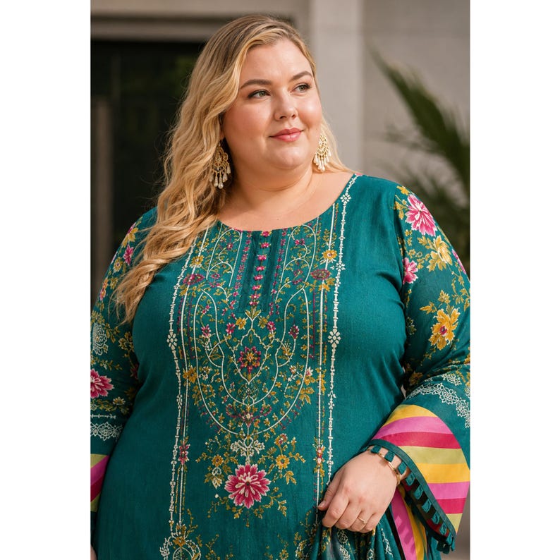 Teal Green Needle Wonder Printed Salwar Kameez Suit With Multicolor Dupatta, Indian Ethnic Wear, Pakistani Traditional Outfit, Designer Kurta Set, Festive Party Wear, Wedding Guest Dress, Plus Size Salwar Suit For Women.