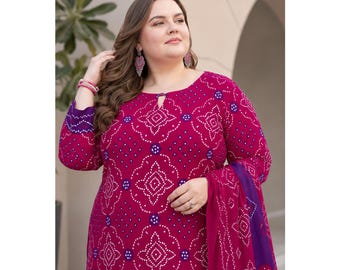 Indiska damkläder Cambric bomull Bandhani tryckt Shalwar Kameez med Dupatta, sydda färdiga att bära vanliga vackra klänningar