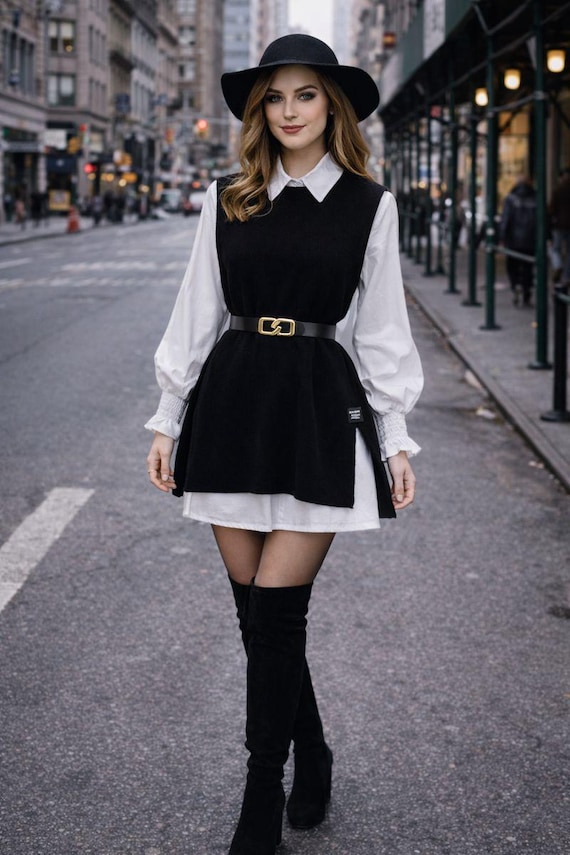 white shirt dress with knitted vest Womens Two Piece Knit Set and Sweater Loose Fit Chic Spring Autumn Outfit Awin_0