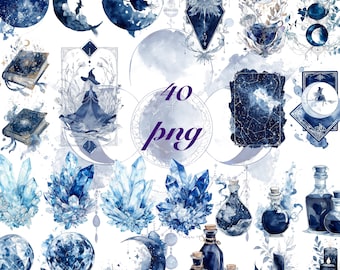 Zestaw clipartów Witchy Blue, akwarela PNG z księżycem i tarotem, grafika niebiańskiej wiedźmy, kryształ, księga zaklęć, butelka z miksturą, 40 PNG