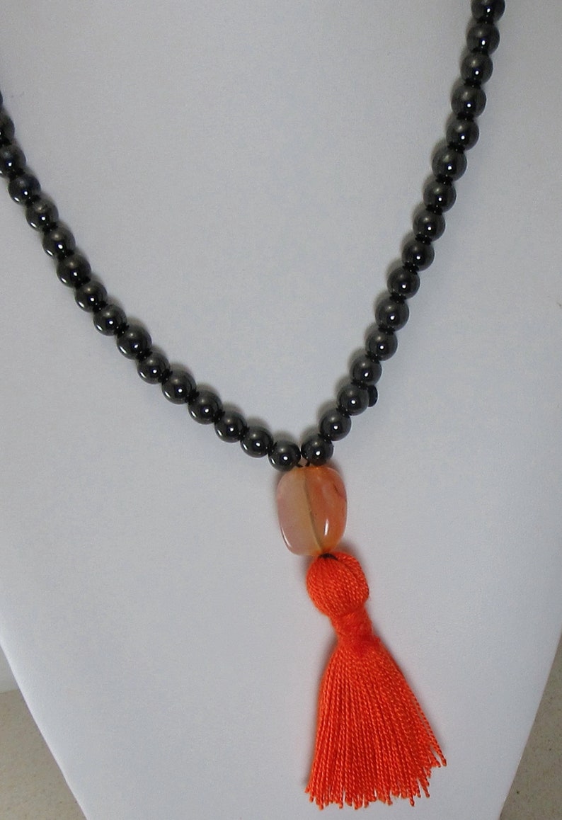 Unisex Magnetic Mala 108 Floating 8 mm Black Magnetite Lodestone Beads 15 mm Orange Carnelian Nugget Prayer Bead Orange Cotten Tassel