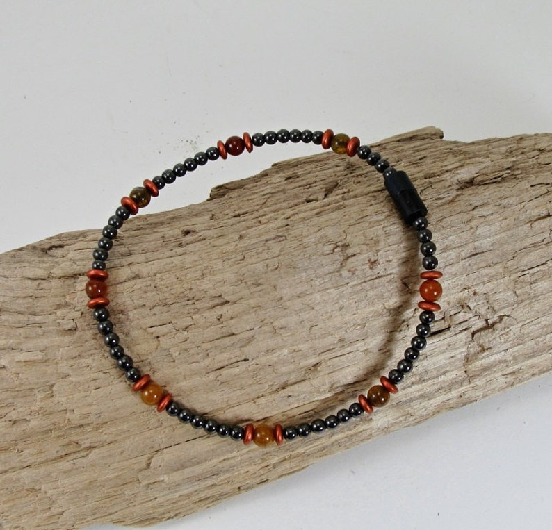 Magnetite Jewelry Ladies Magnetic Magnetite Lodestone Anklet Magnetic Jewelry, Black Magnetite,Burnt Orange Dragon Vain Agate Anklet
