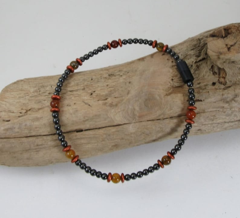 Magnetite Jewelry Ladies Magnetic Magnetite Lodestone Anklet Magnetic Jewelry, Black Magnetite,Burnt Orange Dragon Vain Agate Anklet