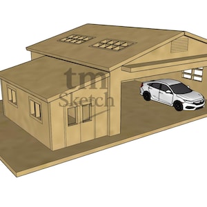 Op de afbeelding: Een lichtbruine garage met twee verdiepingen en een witte auto erin geparkeerd. De garage heeft een rechthoekige vorm met een plat dak en kleine ramen. De tekst "tm Sketch" is zichtbaar op de zijkant van de garage.