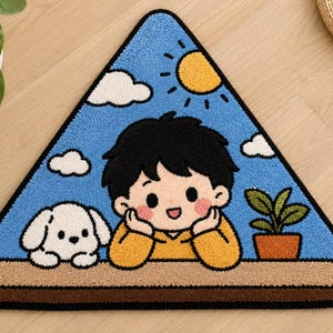 Alfombra triangular personalizada hecha a mano con mechones, decoración kawaii para habitación infantil con niño y perro, alfombra linda de dibujos animados para habitación de niños,
