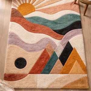 May include: A rectangular rug with a mountain and sun design. The rug features a warm colour palette with shades of orange, beige, green, and black. The design includes a sun, mountains, and geometric shapes.