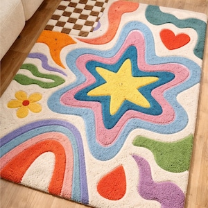 Handmade Colorful Tufted Rug - Funky Abstract Wavy Area Rug - Retro Aesthetic Decor, Large Star Checkerboard Rainbow Rug,