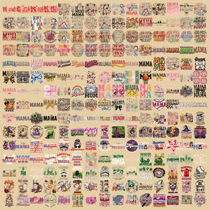 Puede incluir: Una colecci&oacute;n de dise&ntilde;os gr&aacute;ficos coloridos, que incluyen texto e ilustraciones, sobre un fondo de color beige claro. Los dise&ntilde;os presentan palabras como "Mama" y "Mom", junto con im&aacute;genes de lazos, flores y equipos deportivos. El tema general est&aacute; relacionado con el D&iacute;a de la Madre y la familia. Medidas no aplicables.