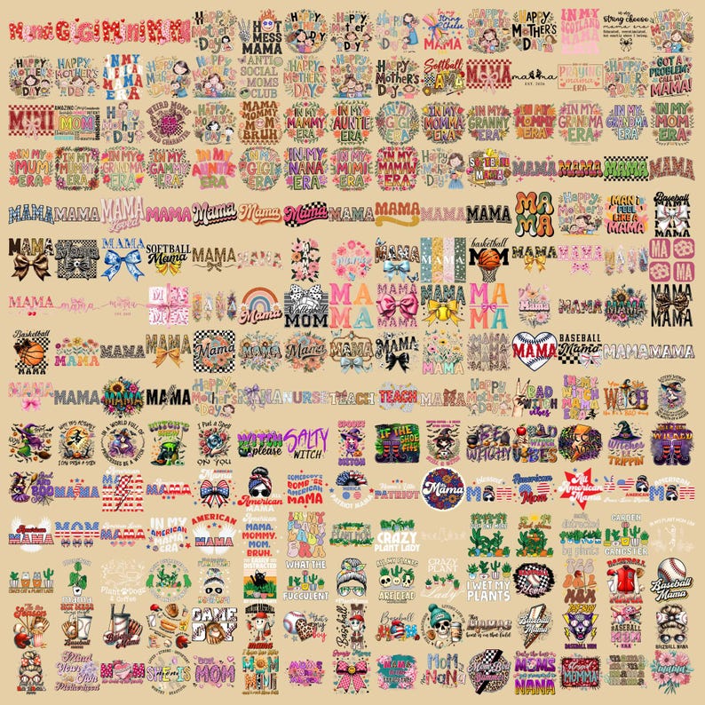 Puede incluir: Una colecci&oacute;n de dise&ntilde;os gr&aacute;ficos coloridos, que incluyen texto e ilustraciones, sobre un fondo de color beige claro. Los dise&ntilde;os presentan palabras como "Mama" y "Mom", junto con im&aacute;genes de lazos, flores y equipos deportivos. El tema general est&aacute; relacionado con el D&iacute;a de la Madre y la familia. Medidas no aplicables.