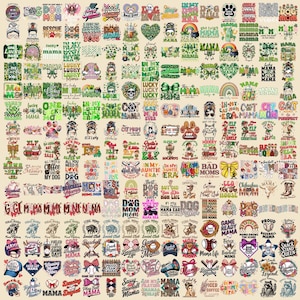 Puede incluir: Una colecci&oacute;n de varios dise&ntilde;os gr&aacute;ficos, incluyendo texto e ilustraciones, adecuados para ropa o manualidades. Los dise&ntilde;os presentan temas como "Mam&aacute; Perro", "Mam&aacute; Gato", b&eacute;isbol, el D&iacute;a de San Patricio y otras frases. La paleta de colores incluye verde, rosa y negro.