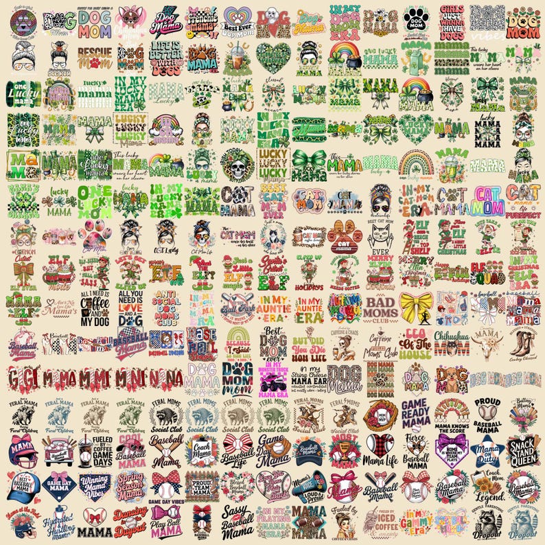Puede incluir: Una colecci&oacute;n de varios dise&ntilde;os gr&aacute;ficos, incluyendo texto e ilustraciones, adecuados para ropa o manualidades. Los dise&ntilde;os presentan temas como "Mam&aacute; Perro", "Mam&aacute; Gato", b&eacute;isbol, el D&iacute;a de San Patricio y otras frases. La paleta de colores incluye verde, rosa y negro.