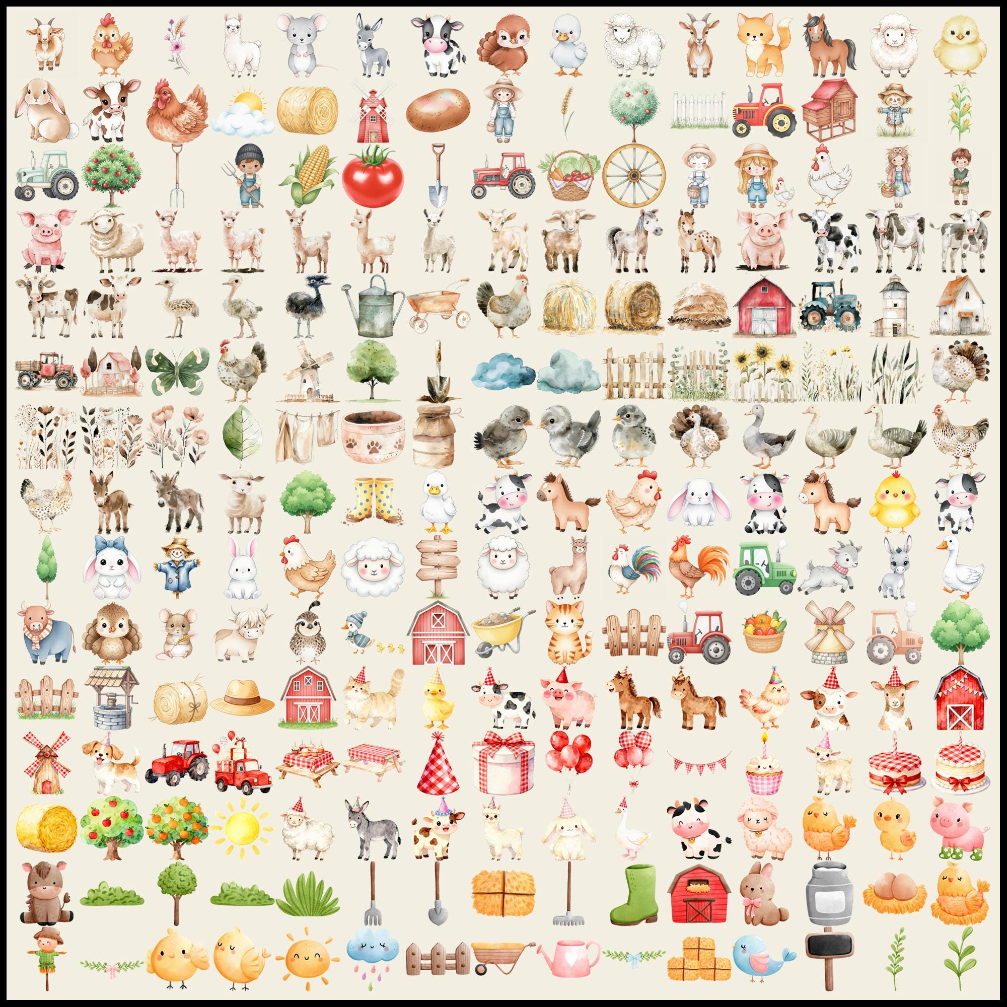 220+ Cute Farm Bundle Clipart - Watercolor - Farm Animals Png - Cow ...