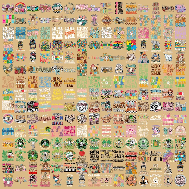Puede incluir: Una colecci&oacute;n de varios dise&ntilde;os gr&aacute;ficos, incluyendo texto e ilustraciones, sobre un fondo beige. Los dise&ntilde;os presentan temas como 'Mam&aacute;', 'Maestra', y otras frases, junto con im&aacute;genes de animales, arco&iacute;ris y corazones. La est&eacute;tica general es colorida y diversa.
