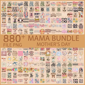Puede incluir: Un paquete gr&aacute;fico de descarga digital para el D&iacute;a de la Madre, con m&aacute;s de 880 archivos PNG. Los dise&ntilde;os incluyen varias ilustraciones y textos tem&aacute;ticos, como "Mama", "Love Mom" y otras frases relacionadas. La paleta de colores es diversa.