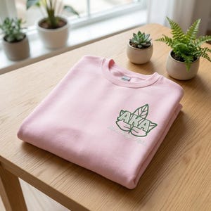 May include: A light pink sweatshirt with the embroidered letters "AKA" in green, along with the words "Alpha Kappa Alpha". The sweatshirt is folded neatly on a wooden surface, with plants in the background.