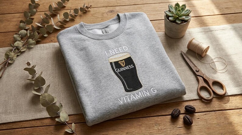 K&ouml;nnte beinhalten: Ein hellgraues Sweatshirt mit dem Text "I NEED VITAMIN G" und einer Guinness-Bierglas-Grafik. Das Sweatshirt liegt gefaltet auf einer Holzoberfl&auml;che, zusammen mit einer Sukkulente, einer Schere und anderen dekorativen Elementen.