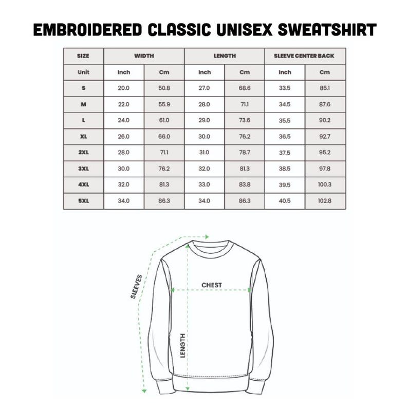 Puede incluir: Tabla de tallas para una sudadera unisex cl&aacute;sica bordada. La tabla incluye medidas en pulgadas y cent&iacute;metros para el ancho, el largo y el centro de la manga trasera, desde la talla S hasta la 5XL. El texto "EMBROIDERED CLASSIC UNISEX SWEATSHIRT" est&aacute; en la parte superior.