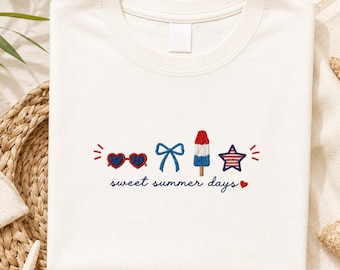 Camiseta bordada "Dulces días de verano", camiseta veraniega patriótica coqueta, regalo femenino para el 4 de julio.