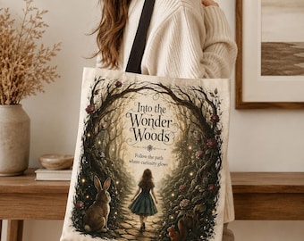 Into The Wonder Woods Tote Bag, Follow The Path Where Curiosity Glows Handbag, Magic Forest Fairytale Present, Fantasy Dark Cottagecore Tree