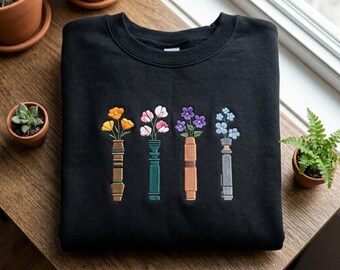 Embroidered Lightsaber Flower Sweatshirt, Floral Sci-Fi Crewneck, Retro Geek Embroidery Jumper