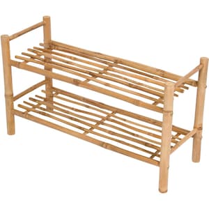 May include: A two-tiered bamboo shoe rack. The rack is constructed from natural-colored bamboo poles and slats, creating a slatted design for each shelf. The frame is held together with screws. The shoe rack is designed to hold multiple pairs of shoes.