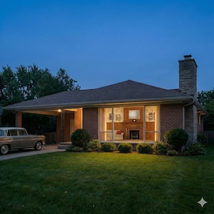 May include: Exterior shot of a mid-century modern brick house at dusk. The house has a large picture window, a fireplace, and a covered carport. A vintage car is parked in the driveway, and the lawn is green.