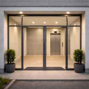 May include: Building entrance with large glass doors and a dark metal frame. Two potted green plants flank the entrance. The interior features an elevator and tiled walls. The entrance is on a tiled patio.