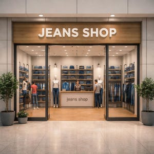 May include: Exterior view of a jeans shop with large glass doors. The shop's sign reads "JEANS SHOP" in white letters on a wooden background. Inside, jeans are neatly displayed on shelves and racks. Mannequins and customers are visible.
