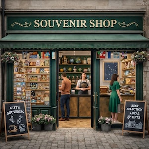 May include: A traditional souvenir shop with a green facade and awning, displaying the words "SOUVENIR SHOP". Two chalkboards advertise "GIFT & SOUVENIRS" and "BEST SELECTION LOCAL GIFTS". The shop is filled with various gifts and souvenirs.