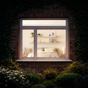 May include: A nighttime view through a window reveals a bedroom scene. The room features a bed, nightstands with lamps, and shelves with decor. The window is framed by a brick wall and surrounded by lush greenery.