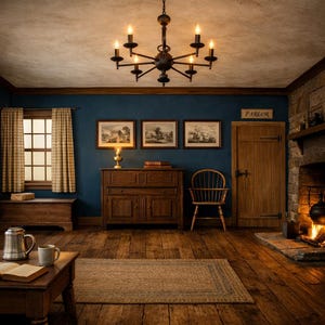May include: A traditional parlour with a rustic design. It features a dark blue wall, wooden furniture, a stone fireplace, and a wrought iron chandelier. The room is lit with warm lighting, creating a welcoming atmosphere.