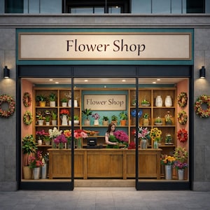 May include: A flower shop exterior with the text "Flower Shop" on a sign above the entrance and inside the shop. The shop displays a variety of flowers, plants, and wreaths. A person is arranging flowers behind the wooden counter.